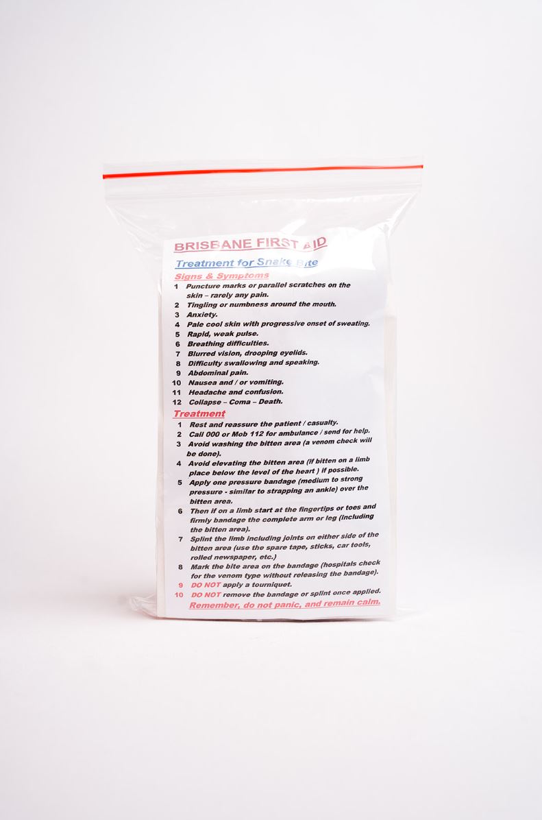 Back of snake bite kit showing snake bite treatment 