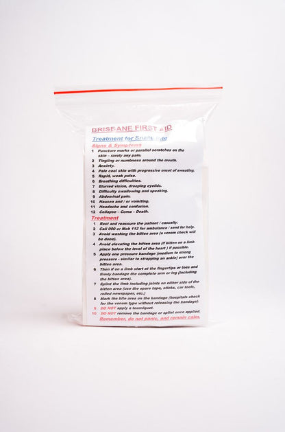 Back of snake bite kit showing snake bite treatment 